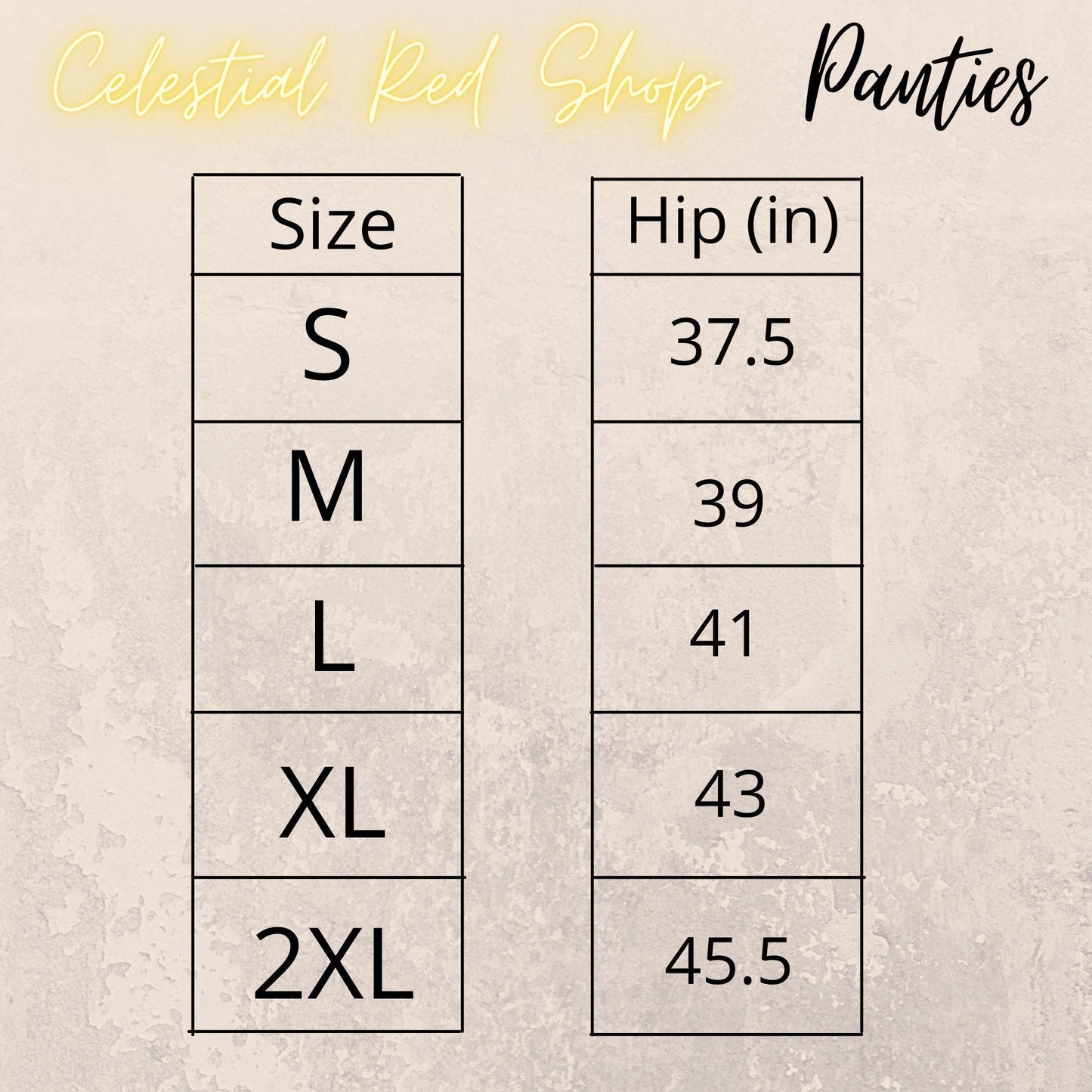 Celestial Red Shop - Panties Size Chart